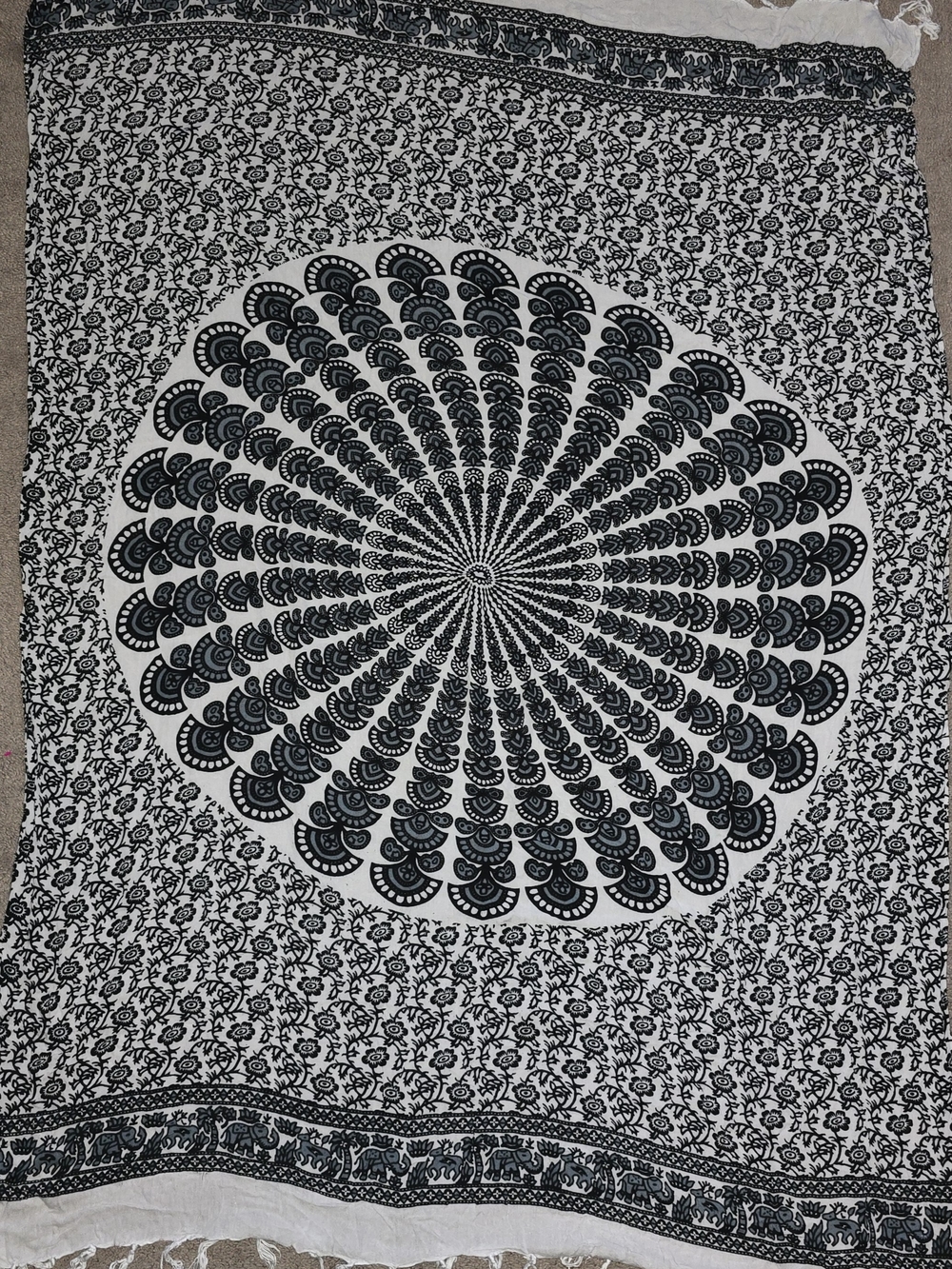Black and White Beach Sarong, Boho Mandala Wall Tapestry